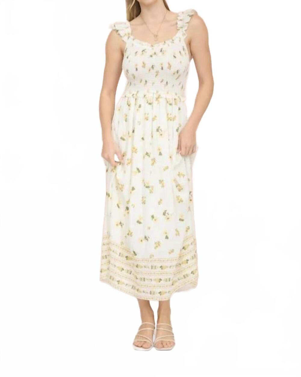 NEW MINE AND E&M floral smocked ruffle detail sleeveless midi dress in white